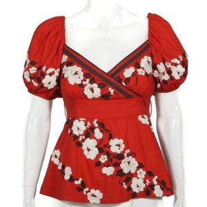 LITHE Anthropologie Red Floral Snowshoe Embroidered Top Puff Sleeve sz 2 /214